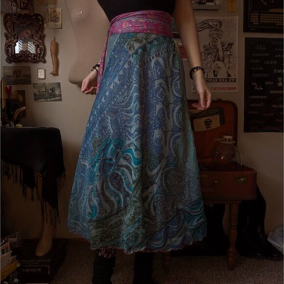 Silk Sari Wrap Around Magic Skirt Women's One Size Pink Blue Reversible Maxi - Picture 6 of 13